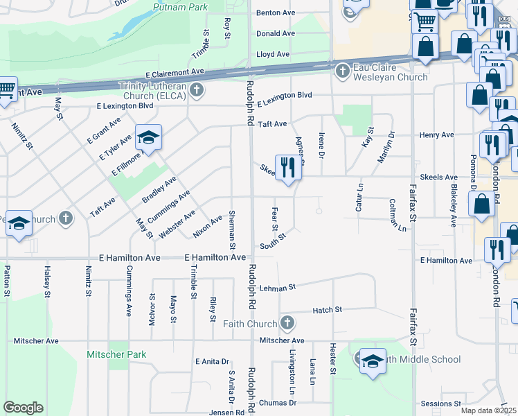 map of restaurants, bars, coffee shops, grocery stores, and more near 1614 Webster Avenue in Eau Claire