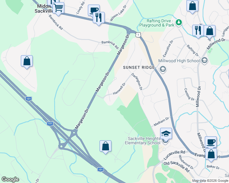 map of restaurants, bars, coffee shops, grocery stores, and more near 95 Hanwell Drive in Middle Sackville
