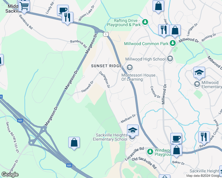 map of restaurants, bars, coffee shops, grocery stores, and more near 90 Beaconsfield Way in Middle Sackville
