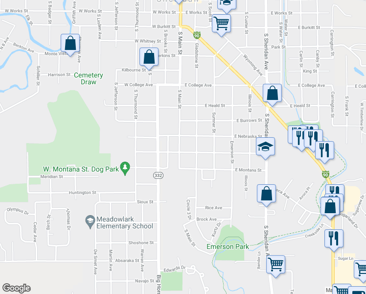 map of restaurants, bars, coffee shops, grocery stores, and more near 8 West Nebraska Street in Sheridan