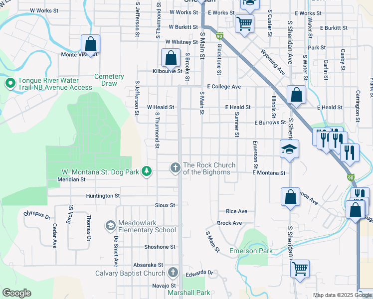 map of restaurants, bars, coffee shops, grocery stores, and more near 915 Big Horn Ave in Sheridan