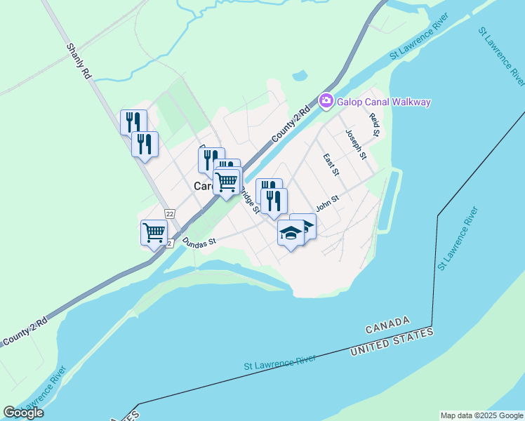 map of restaurants, bars, coffee shops, grocery stores, and more near 205 Bridge Street in Cardinal