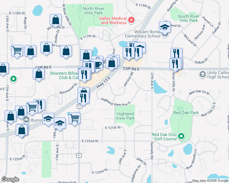 map of restaurants, bars, coffee shops, grocery stores, and more near 2208 Horizon Circle in Burnsville