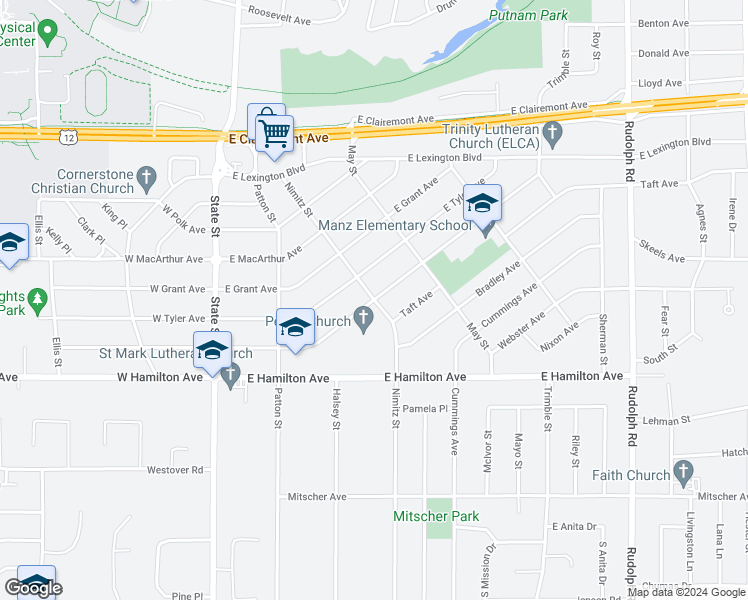 map of restaurants, bars, coffee shops, grocery stores, and more near 3101 Nimitz Street in Eau Claire