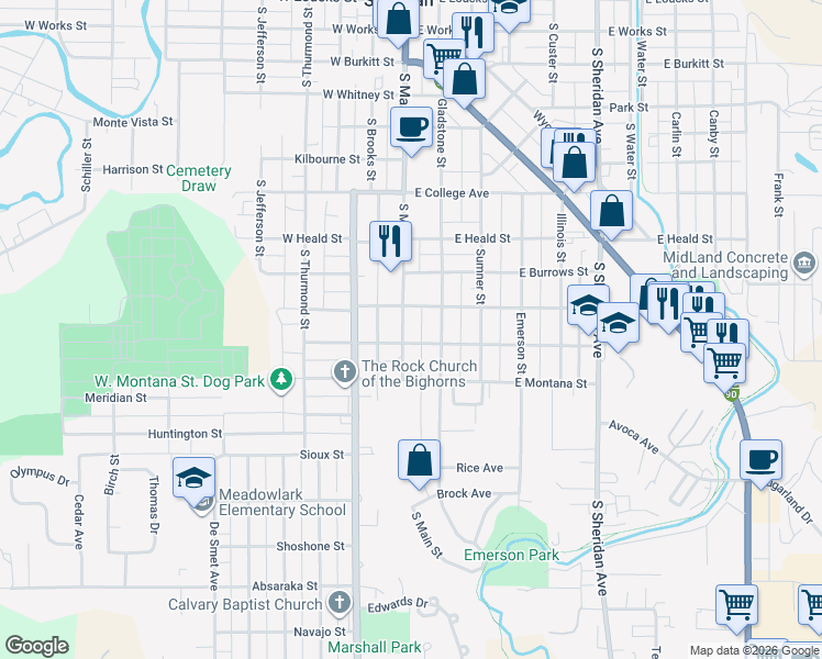 map of restaurants, bars, coffee shops, grocery stores, and more near 8 West Nebraska Street in Sheridan