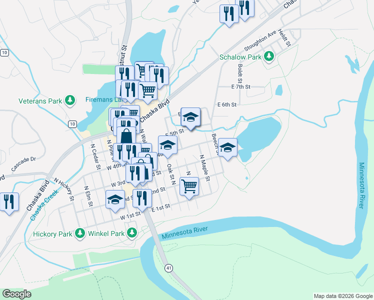 map of restaurants, bars, coffee shops, grocery stores, and more near 419 North Ash Street in Chaska