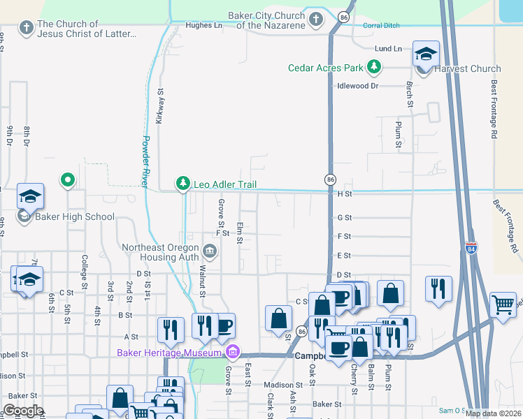 map of restaurants, bars, coffee shops, grocery stores, and more near 1385 H Street in Baker City