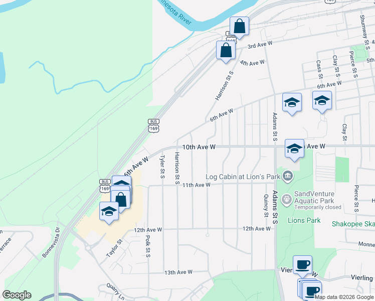 map of restaurants, bars, coffee shops, grocery stores, and more near 1719 10th Avenue West in Shakopee