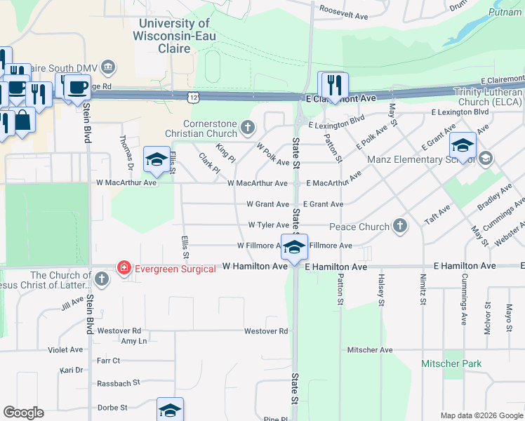 map of restaurants, bars, coffee shops, grocery stores, and more near 224 West Grant Avenue in Eau Claire