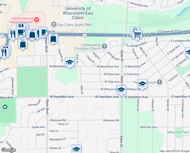 map of restaurants, bars, coffee shops, grocery stores, and more near 2919 South Lexington Boulevard in Eau Claire