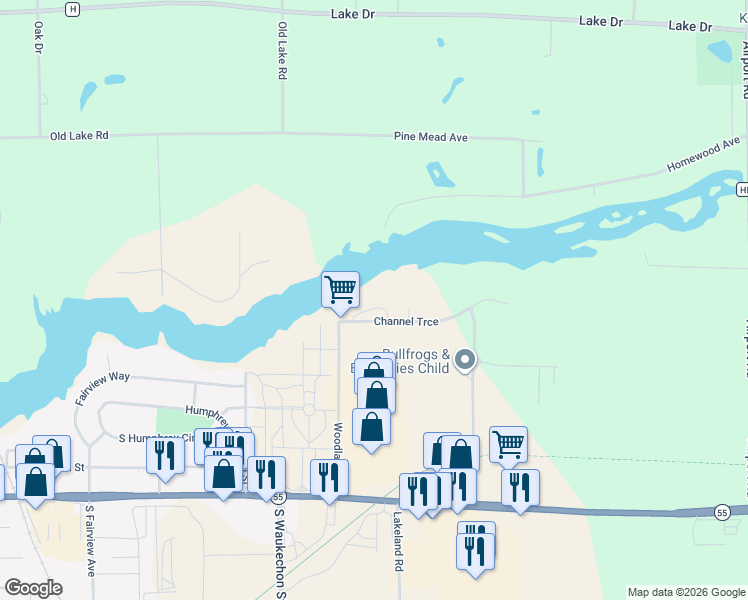 map of restaurants, bars, coffee shops, grocery stores, and more near 130 Channel Trace in Shawano