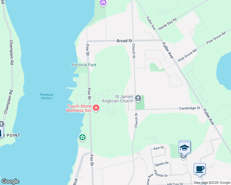 map of restaurants, bars, coffee shops, grocery stores, and more near 218 Church Street in Penetanguishene