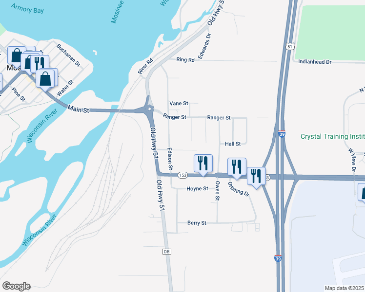 map of restaurants, bars, coffee shops, grocery stores, and more near 560 Edison Street in Mosinee