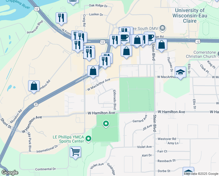 map of restaurants, bars, coffee shops, grocery stores, and more near 1025 West Macarthur Avenue in Eau Claire