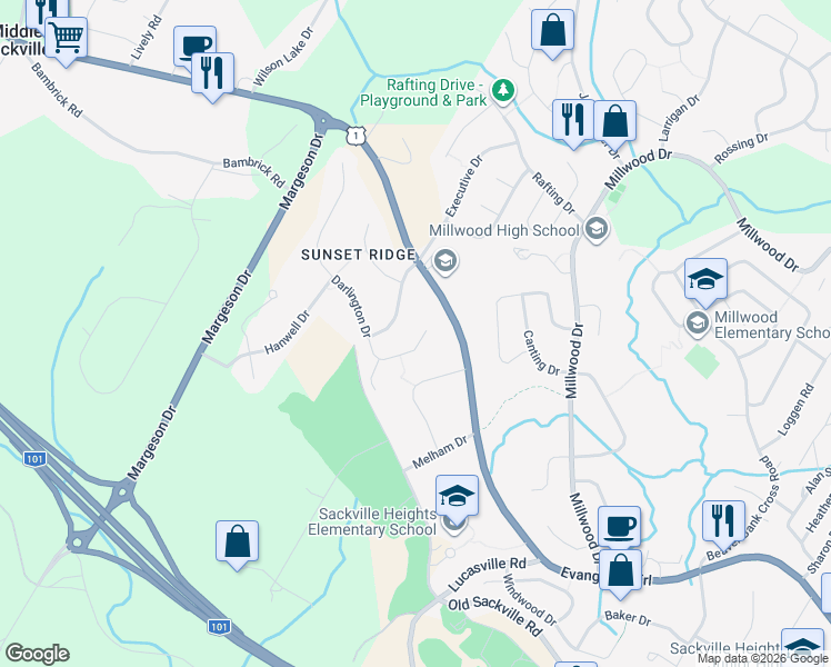 map of restaurants, bars, coffee shops, grocery stores, and more near 86 Wakefield Court in Middle Sackville