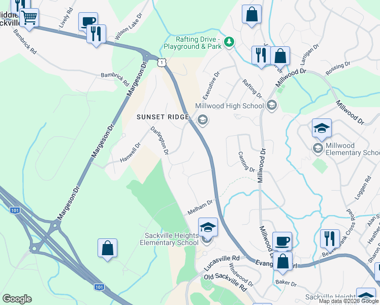 map of restaurants, bars, coffee shops, grocery stores, and more near 86 Wakefield Court in Middle Sackville