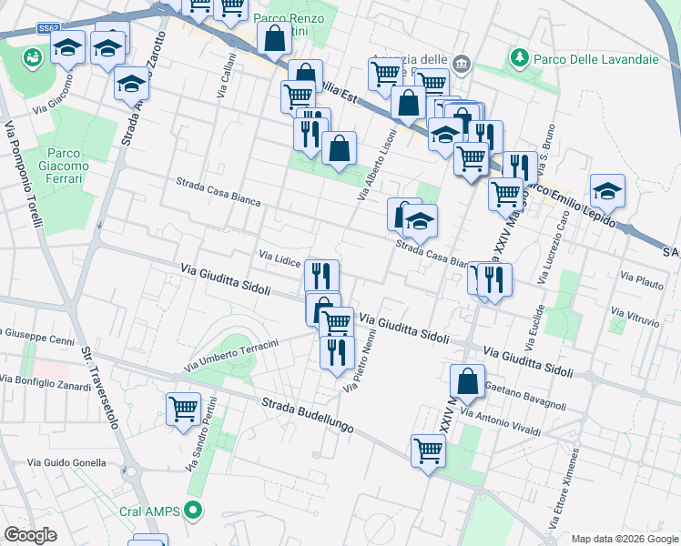 map of restaurants, bars, coffee shops, grocery stores, and more near 20 Via Leonardo Da Vinci in Parma