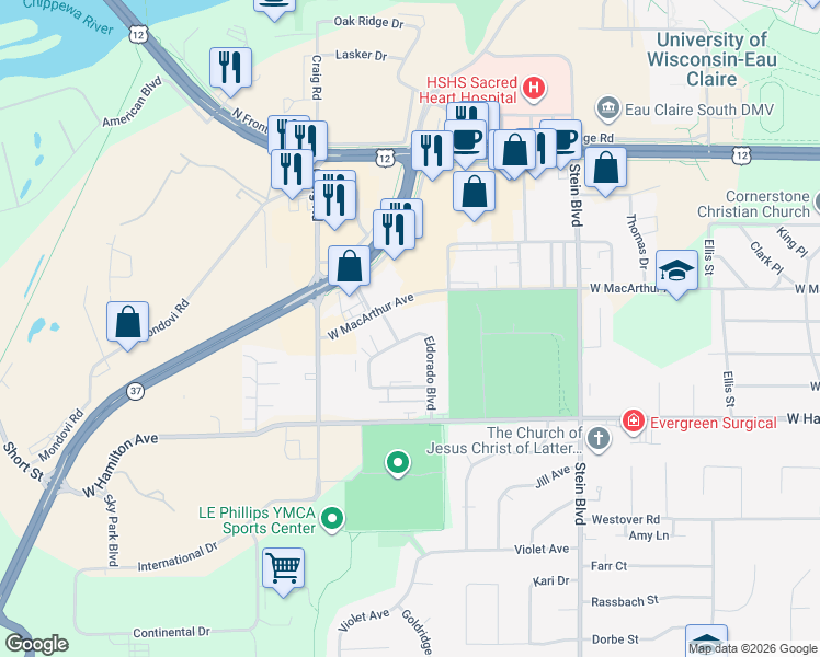 map of restaurants, bars, coffee shops, grocery stores, and more near 1025 West Macarthur Avenue in Eau Claire