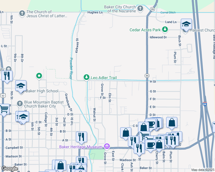 map of restaurants, bars, coffee shops, grocery stores, and more near 3245 Elm Street in Baker City
