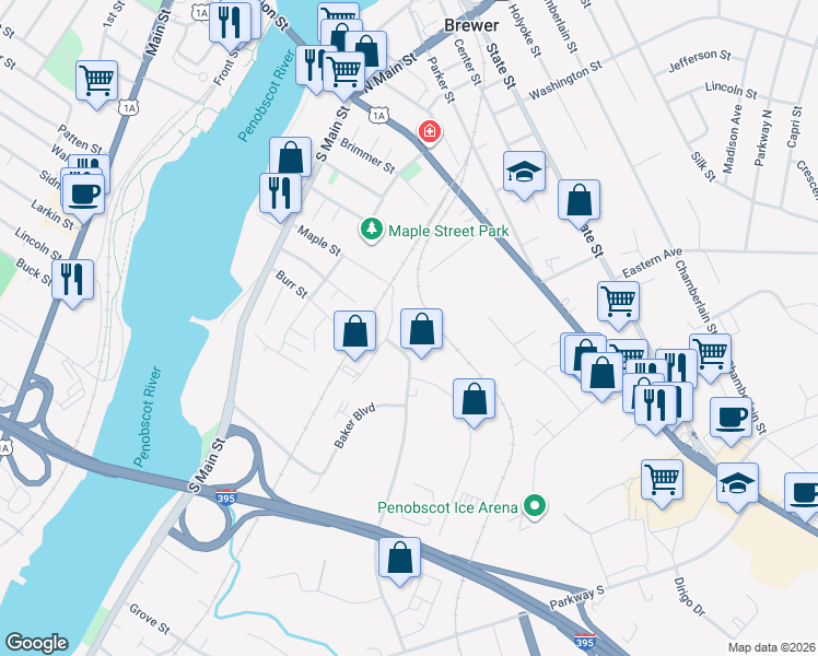 map of restaurants, bars, coffee shops, grocery stores, and more near 203 Maple Saint Exd in Brewer