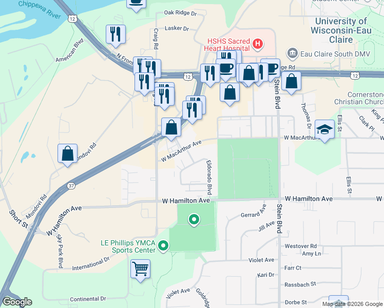 map of restaurants, bars, coffee shops, grocery stores, and more near 2929 Eldorado Boulevard in Eau Claire