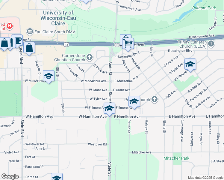 map of restaurants, bars, coffee shops, grocery stores, and more near 116 E Grant Ave in Eau Claire