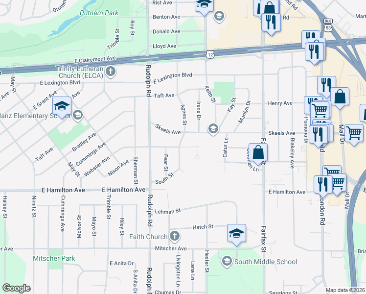 map of restaurants, bars, coffee shops, grocery stores, and more near 1820 Webster Avenue in Eau Claire
