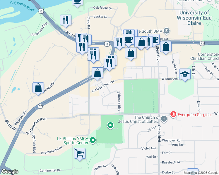 map of restaurants, bars, coffee shops, grocery stores, and more near 2929 Eldorado Boulevard in Eau Claire