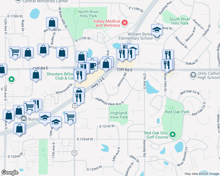 map of restaurants, bars, coffee shops, grocery stores, and more near 2208 Horizon Circle in Burnsville
