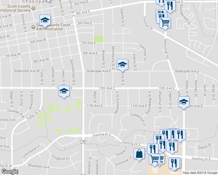 map of restaurants, bars, coffee shops, grocery stores, and more near 729 10th Avenue East in Shakopee