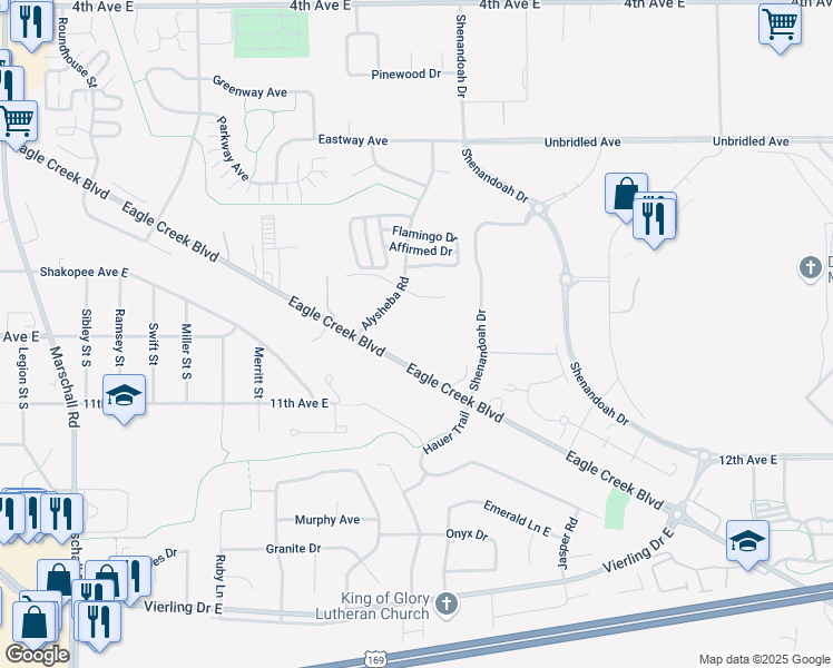 map of restaurants, bars, coffee shops, grocery stores, and more near 925 Alysheba Road in Shakopee