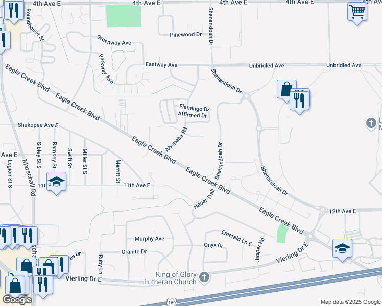 map of restaurants, bars, coffee shops, grocery stores, and more near 925 Alysheba Road in Shakopee
