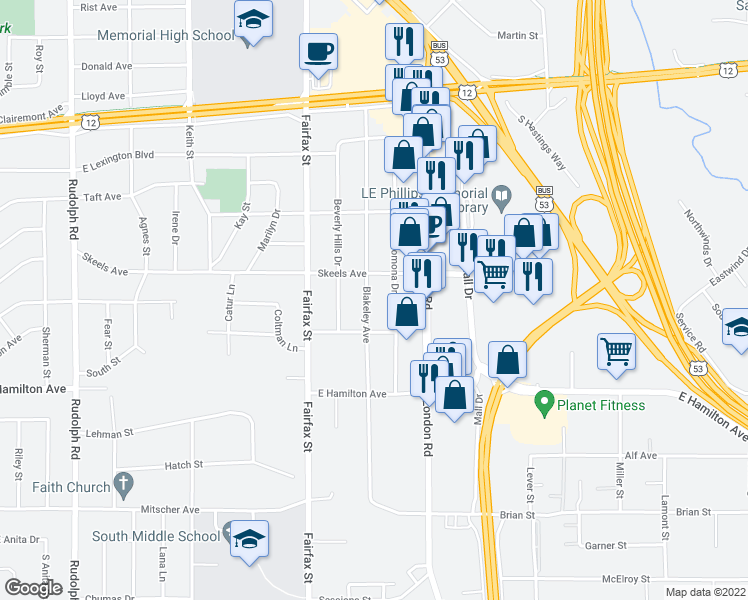 map of restaurants, bars, coffee shops, grocery stores, and more near 2927 Blakeley Avenue in Eau Claire