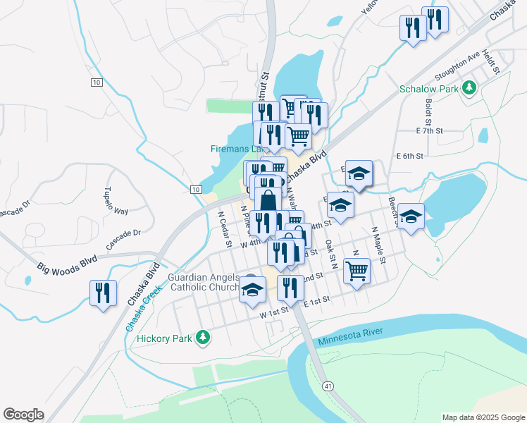 map of restaurants, bars, coffee shops, grocery stores, and more near 500 North Chestnut Street in Chaska