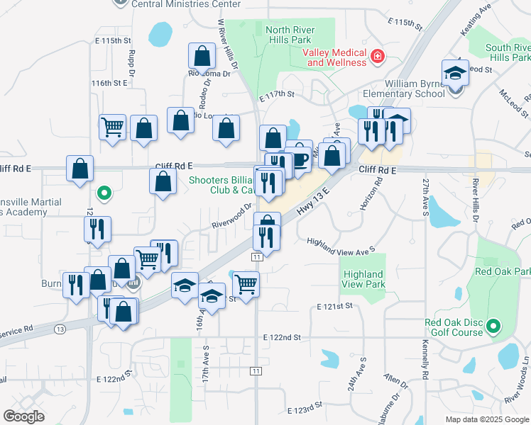 map of restaurants, bars, coffee shops, grocery stores, and more near 1900 Highway 13 East in Burnsville