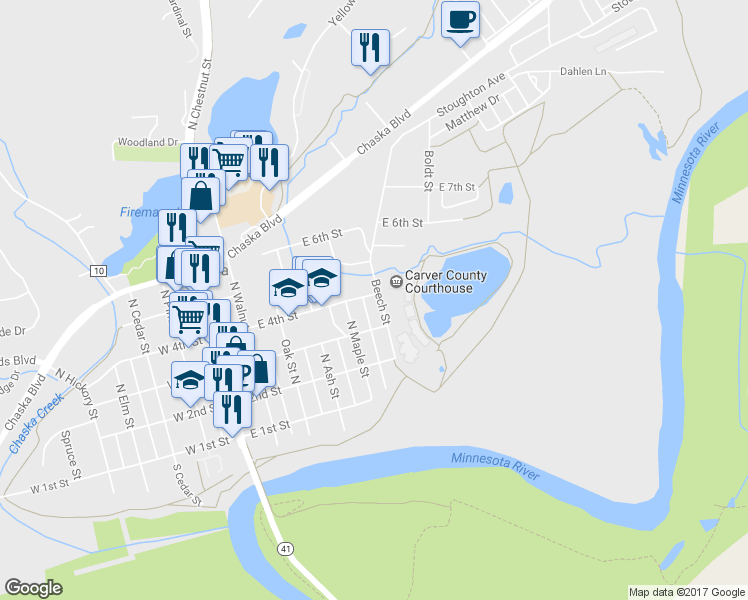 map of restaurants, bars, coffee shops, grocery stores, and more near 522 East 4th Street in Chaska