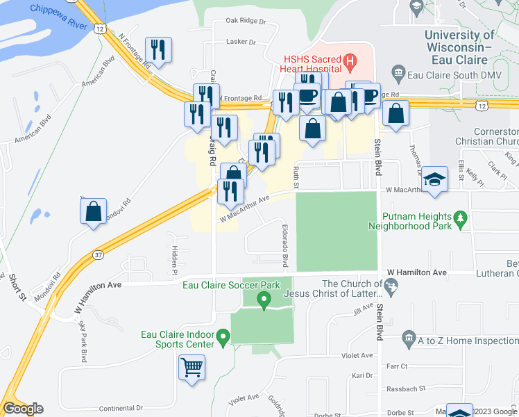 map of restaurants, bars, coffee shops, grocery stores, and more near 2931 Eldorado Boulevard in Eau Claire