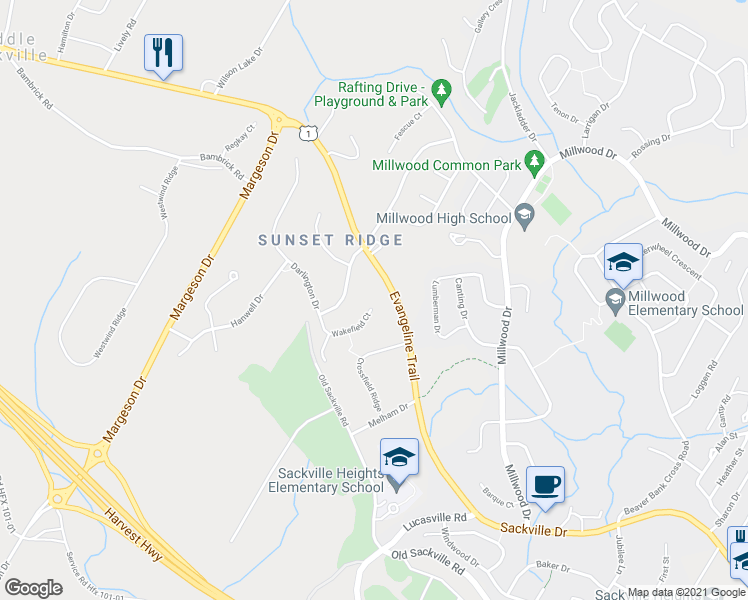 map of restaurants, bars, coffee shops, grocery stores, and more near 99 Wakefield Court in Middle Sackville