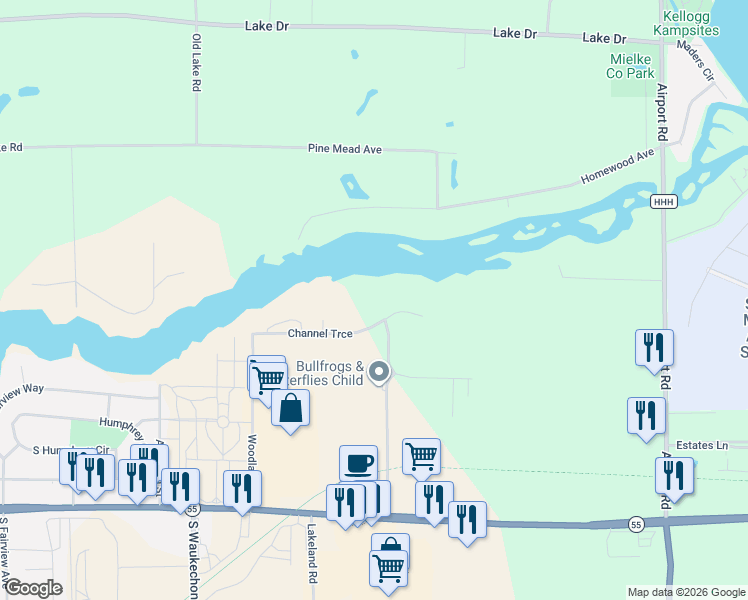 map of restaurants, bars, coffee shops, grocery stores, and more near 301 Channel Trace in Shawano