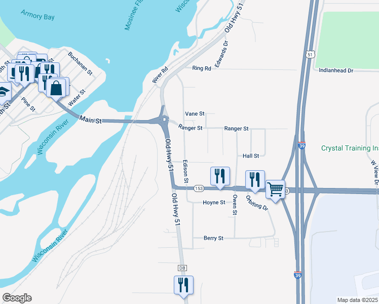 map of restaurants, bars, coffee shops, grocery stores, and more near 560 Edison St in Mosinee