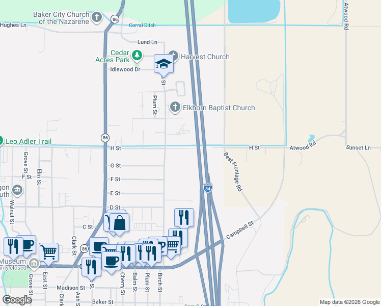 map of restaurants, bars, coffee shops, grocery stores, and more near 715 H Street in Baker City