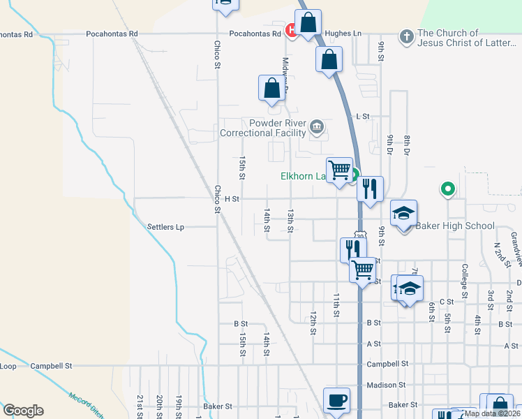 map of restaurants, bars, coffee shops, grocery stores, and more near 3495 H Street in Baker City
