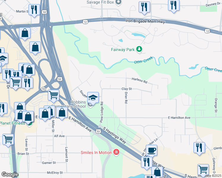 map of restaurants, bars, coffee shops, grocery stores, and more near 4004 Clay Street in Eau Claire