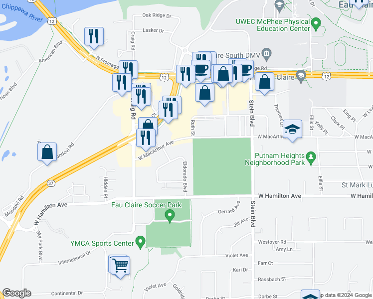 map of restaurants, bars, coffee shops, grocery stores, and more near 1025 West Macarthur Avenue in Eau Claire