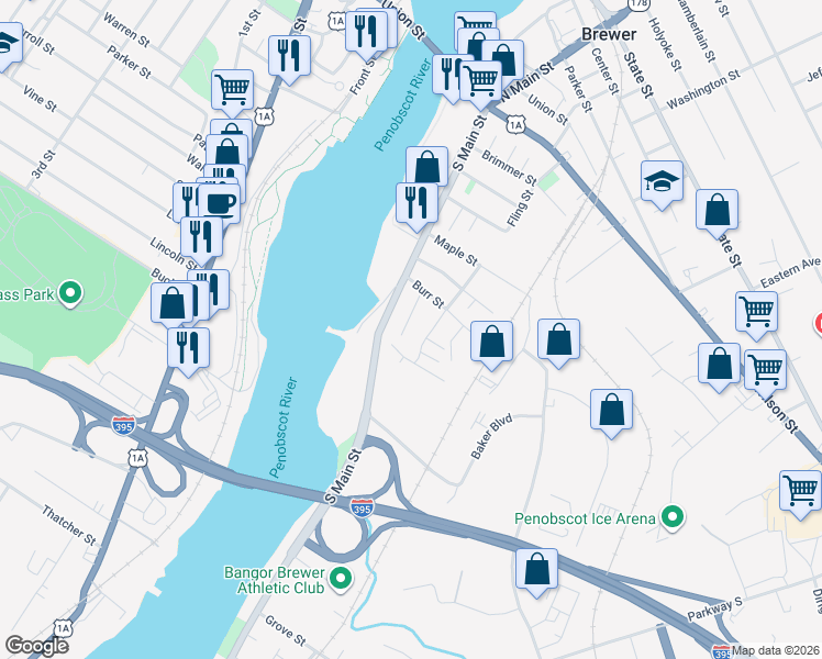 map of restaurants, bars, coffee shops, grocery stores, and more near 20 High Street in Brewer