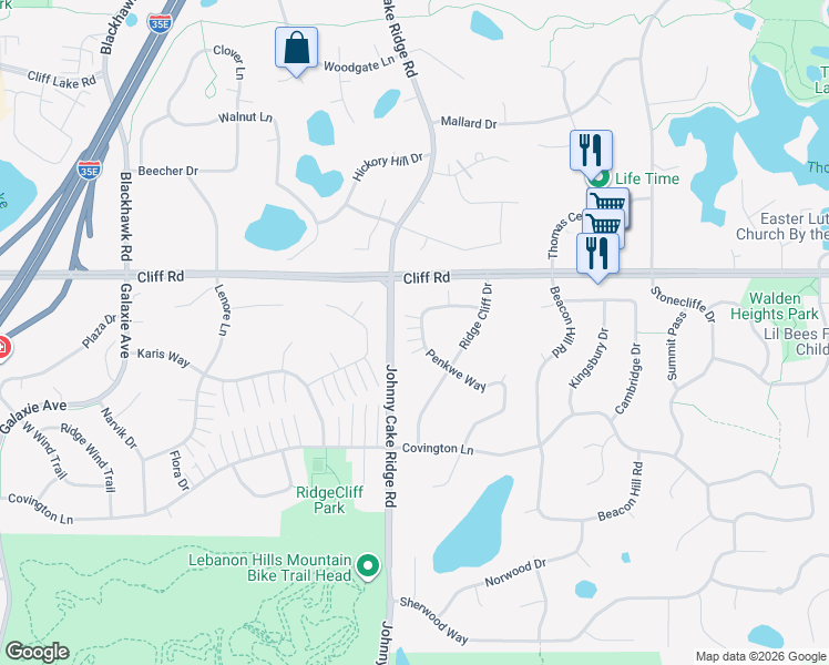 map of restaurants, bars, coffee shops, grocery stores, and more near 4634 Penkwe Way in Eagan