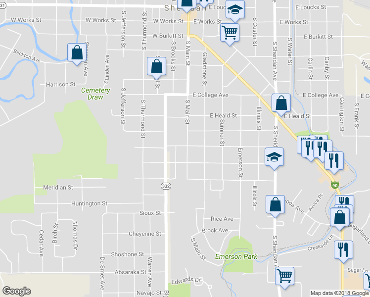 map of restaurants, bars, coffee shops, grocery stores, and more near 8 West Nebraska Street in Sheridan