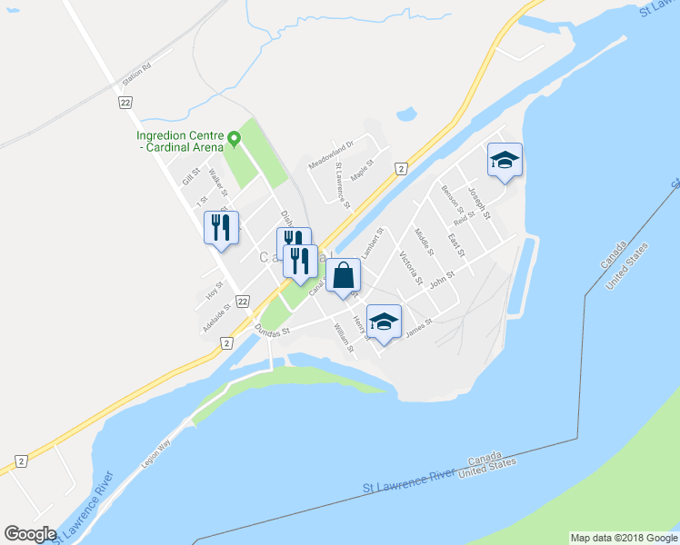 map of restaurants, bars, coffee shops, grocery stores, and more near Bridge Street in Cardinal