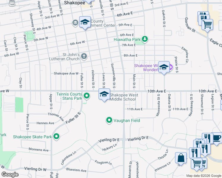 map of restaurants, bars, coffee shops, grocery stores, and more near 940 Sommerville Street South in Shakopee