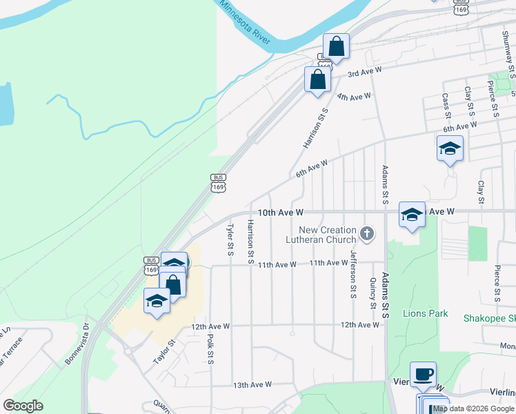 map of restaurants, bars, coffee shops, grocery stores, and more near 1719 10th Avenue West in Shakopee